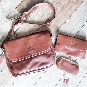 Tan Sac 3 piece brown faux leather handbag set crossbody, wallet, coin purse